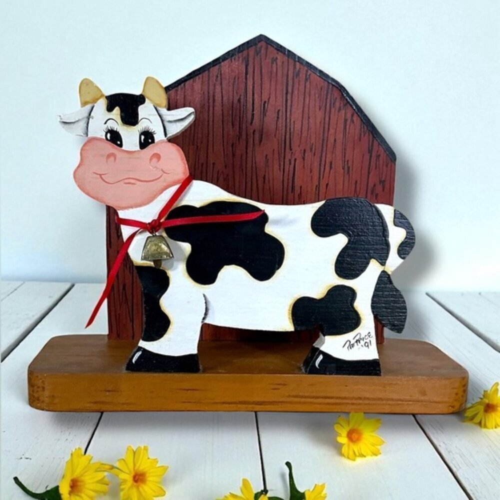 Vintage Napkin Holder Cow Farmhouse Theme Hand Crafted Hand Painted Wood Brown